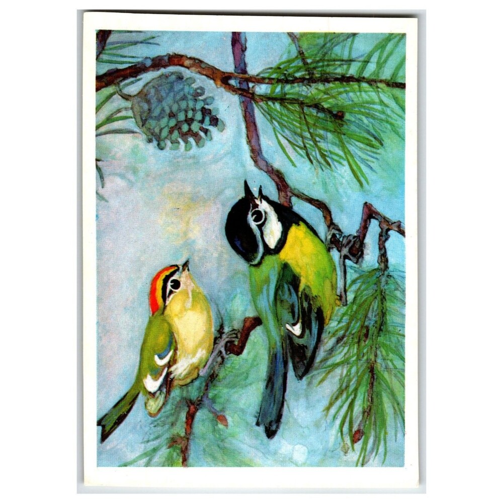 1979 Russian Birds Postcard Great Tit Goldcrest N. Albova Art